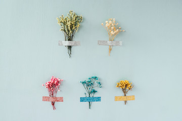 Five dry flowers glued with multi-colored tape on blue background. Pink, blue, yellow colors. Minimal design, biophilic concept for decotation.