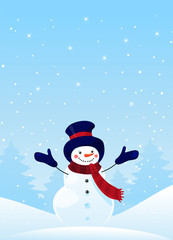 Merry Christmas greeting card with copy space. Christmas background for congratulations, social media stories and design. Cute snowman on a winter background. Happy character snowman in the forest