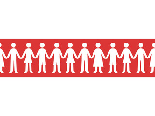 Chain group of people hold hands on red-white flag of revolution Belarus. Symbol of peaceful protest against dictatorship of president. Men and women in white. Vector flat illustration banner poster.