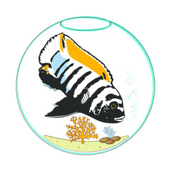 Abstract vector illustration of a bright reaf fish inside the aquarium