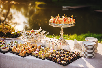 beautiful food on a holiday table on the background of the lake