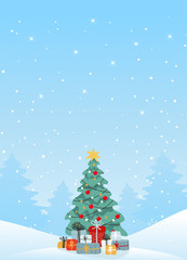 Modern Christmas card with copy space. Decorated Christmas tree with gifts on the background of a winter landscape, winter snowfall. Flat vector illustration for design