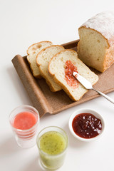 bread, jam and fruit juice