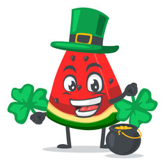 vector illustration of watermelon character or mascot wearing shamrock hat