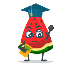 vector illustration of watermelon character or mascot graduation hat and holding book