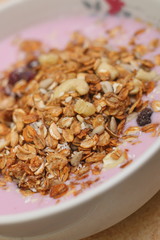 Healthy breakfast. Nuts, cereals, seeds, raisins, candied fruits and milk yogurt