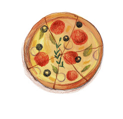 Illustration of pizza, painted with watercolor