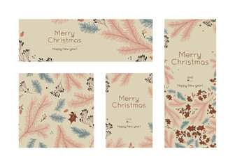Vintage Christmas banners set with isolated tree branches. Calm winter sale fair — flyer, poster with soft Xmas seamless floral pattern. Old fashioned New Year greeting card. Holiday neutral banners.