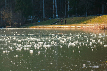 Laghetto ghiacciato di Roana sull'Altopiano di Asiago, paesaggi e natura d'inverno in Veneto