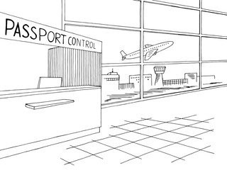 Passport control airport interior graphic black white sketch illustration vector