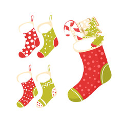 Christmas sock with gifts isolated on white background. Christmas gift, candy, holly branch