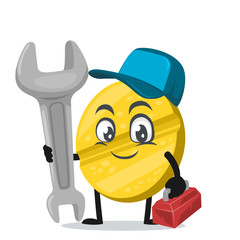 vector illustration of character or pill mascot wearing service costume and holding wrench