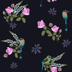 Obraz na płótnie Canvas Seamless beautiful vector illustration with roses and exotic birds
