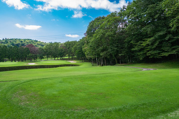 Fototapeta na wymiar Golf Course with beautiful green field. Golf course with a rich green turf beautiful scenery.