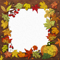 Naklejka na ściany i meble Square autumn banner with sheet of paper and background with autumn leaves and pumpkin made of soft plastic clay. 3D image