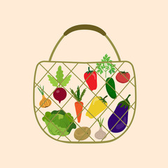 Reusable bag, string bag with vegetables. Eco products from the store. Proper nutrition