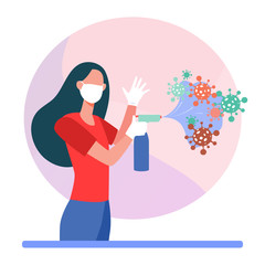 Woman in mask and gloves using sanitizer. Spread, cloud, virus flat vector illustration. Pandemic, covid, hygiene, disinfection concept for banner, website design or landing web page
