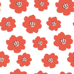 Seamless repeating pattern with painted flower blossoms in red colors. Perfect for creating fabrics, greeting cards, wrapping paper, packaging.