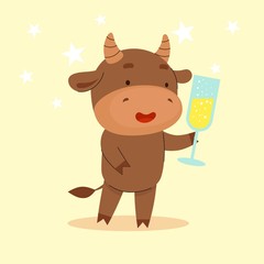 A cute little bull is standing and holding a glass of champagne. Happy New Year. Chinese new year symbol.Christmas card. 2021 year. Flat vector cartoon illustration isolated on white background