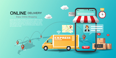 Express delivery truck service on the application, warehouse, delivery goods, and food to home and office with tracking map. Vector illustration.