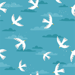 Seamless pattern, birds, clouds, hand drawn overlapping backdrop. Colorful background vector. Cute illustration, seagulls. Decorative wallpaper, good for printing