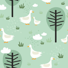 Seamless pattern, birds, hand drawn overlapping backdrop. Colorful background vector. Cute illustration, geese, trees. Decorative wallpaper, good for printing - 373626783