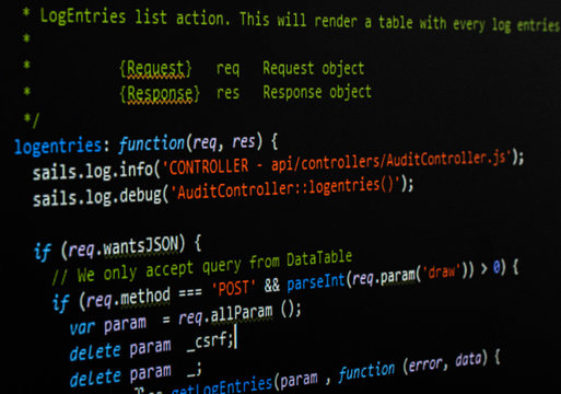 Software source code. Programming code on computer screen. Developer working on program codes . Source code photo. Technology background.