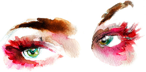 Colorful watercolor eyes and long lashes fashion illustration, pink, brown, green - 373627326
