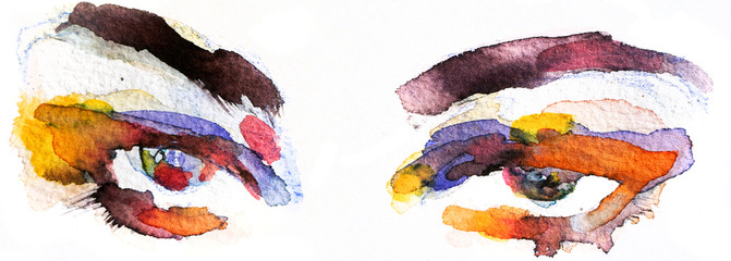 Colorful watercolor eyes and long lashes fashion illustration, rainbow colors - 373627552