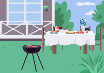House yard BBQ flat color vector illustration. Backyard barbeque setting. Grill for holiday dinner preparation. Home lawn 2D cartoon landscape with furniture and building on background