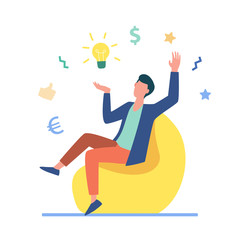 Entrepreneur finding brilliant idea. Excited man with shining bulb above him flat vector illustration. Startup, new project, creativity concept for banner, website design or landing web page