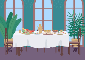 Indian dinner at home flat color vector illustration. Ramadan meal. Traditional dining at home. Meal and dishes for lunch and breakfast. Luxury 2D cartoon interior with lush houseplants on background