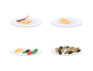 Plates with food flat color vector object set. Christmas dinner. New year festivities. Mashed potatoes. Dishes isolated cartoon illustration for web graphic design and animation collection