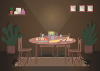 Dinner for hanukkah flat color vector illustration. Jewish household. Dinner table with candle lights. Traditional holiday. Festive 2D cartoon interior with decoration on background