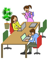 フリーアドレス制のオフィスで働く男女