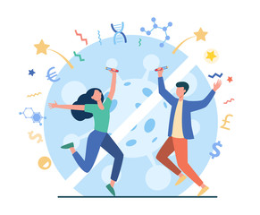 Happy couple holding glass tube and jumping. Vaccine, negative covid test flat vector illustration. Coronavirus, end of epidemic, infection concept for banner, website design or landing web page