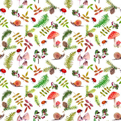 Watercolor seamless pattern of wild forest elements: mashrooms, leaves, pine, berry, snail and ladybird