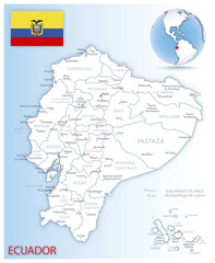 Detailed map of Ecuador administrative divisions with country flag and location on the globe.