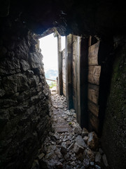 interior of a trench on Carnic Alps, site of battles between the Italian and Austrian armies in the World War 1. Passo di Monte Croce, Pal Piccolo, state border between Austria and Italy