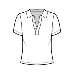 Polo shirt technical fashion illustration with cotton-jersey short sleeves, oversized, buttons along the front. Flat outwear apparel template front, white color. Women men unisex top mockup