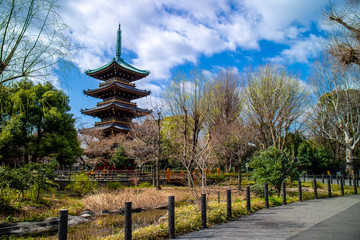 Five Storied Pagoda of Kan’ei-ji temple inside Ueno Park, Tokyo, Japan.