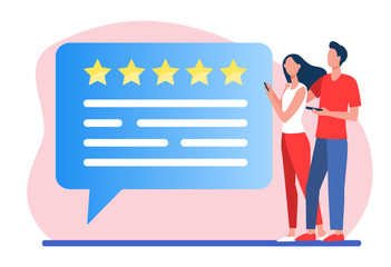 Customers submitting review. Couple using phones, speech bubble with rate stars flat vector illustration. Positive feedback, clients satisfaction concept for banner, website design or landing web page