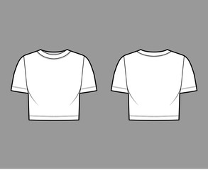 Cropped cotton-jersey t-shirt technical fashion illustration with scoop neck, short sleeves, relax fit. Flat outwear apparel template front, back, white color. Women, men, unisex top CAD mockup. 