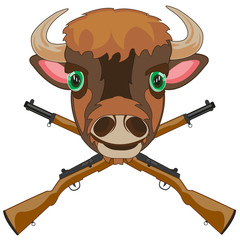 Symbol of the hunt head bison and weapon