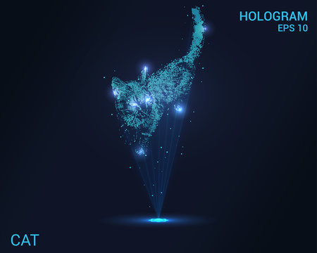 The cat is a hologram. Holographic projection of a cat. A flickering energy stream of particles. Scientific cat design.