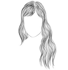 French girl style, long natural hair with bangs, Vector black and white vector illustration