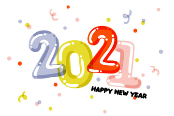 Cute New Year design with hand drawn multicolored numbers 2021 and scattered confetti on white background. Cool and festive vector illustration for greeting card, holiday calendar or web site page