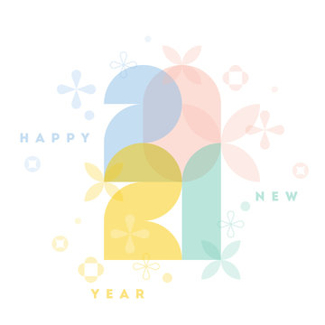 Happy New Year 2021. Elegant pastel colored numbers with geometric flowers and abstract floral decor on white background. Cool vector illustration for beauty clinic or fashion studio calendar cover