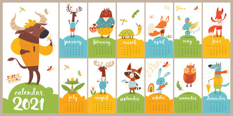 Cartoon vector 2021 calendar with funny forest animals