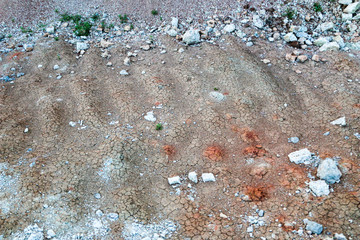 textures of various clay layers underground in  clay quarry after  geological study of  soil. colored layers of clay and stone in  section of  earth, different rock formations and soil layers.